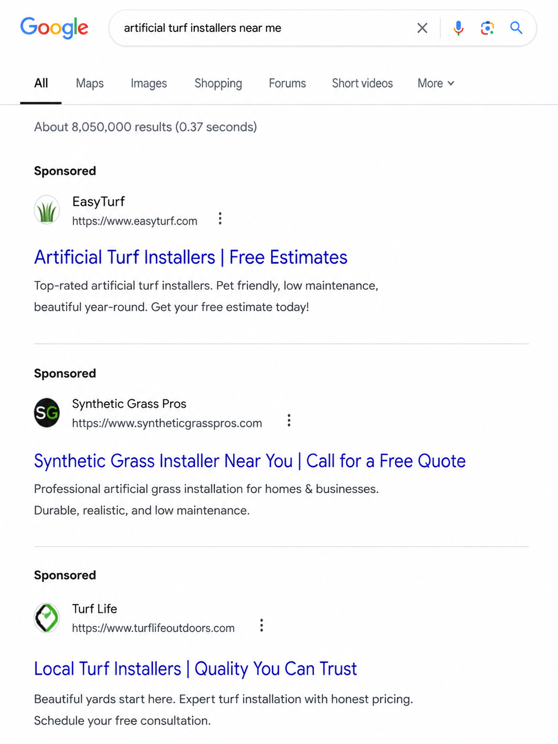 Google Search artificial turf installers near me generic ads